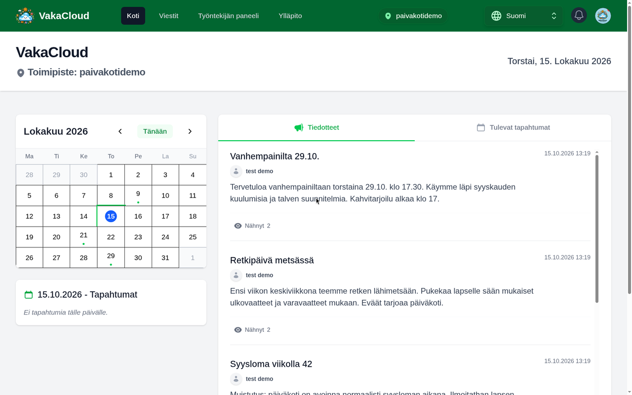 VakaCloudin kotinäkymä, jossa näkyvät päiväkodin kalenteri ja tiedotteet